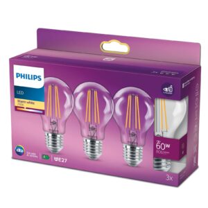 Philips LED-pære Classic E27 A60 7W 827 klar 3stk.