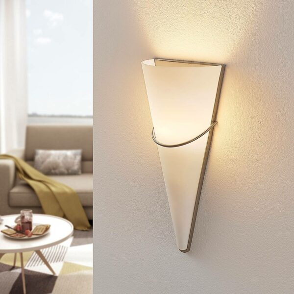 Opalglas LED-væglampe Melek, satineret nikkel