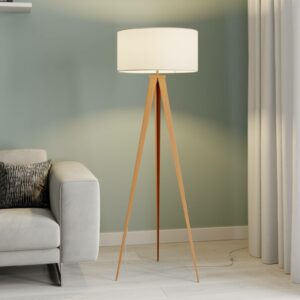 Lindby Benik trebenet gulvlampe, hvid, træ-look