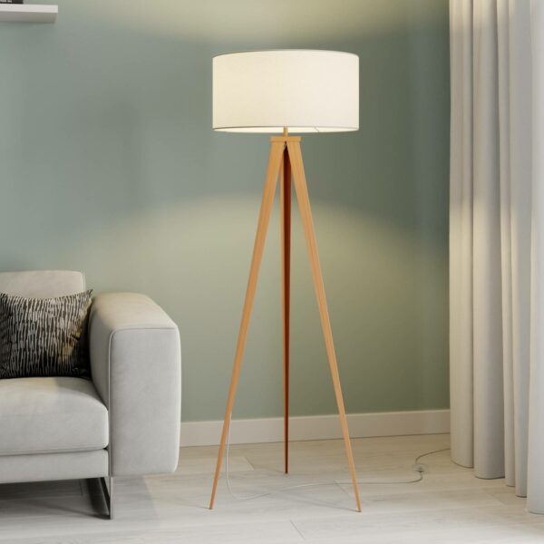 Lindby Benik trebenet gulvlampe, hvid, træ-look
