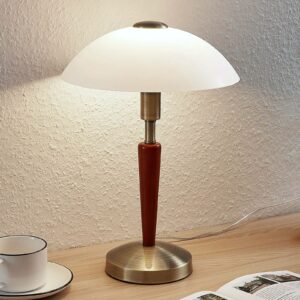Bordlampe Tibby med glasskærm og trædekoration