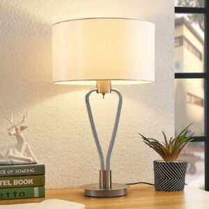 Lucande Gyda tekstilbordlampe, satineret nikkel