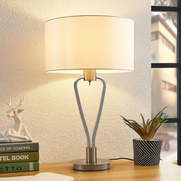 Lucande Gyda tekstilbordlampe, satineret nikkel