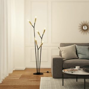 Lucande Carlea gulvlampe, 6 lysk., sort-messing