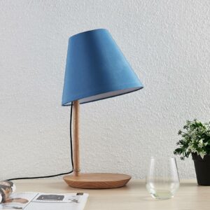 Lucande Jinda bordlampe, træstel, blåt stof